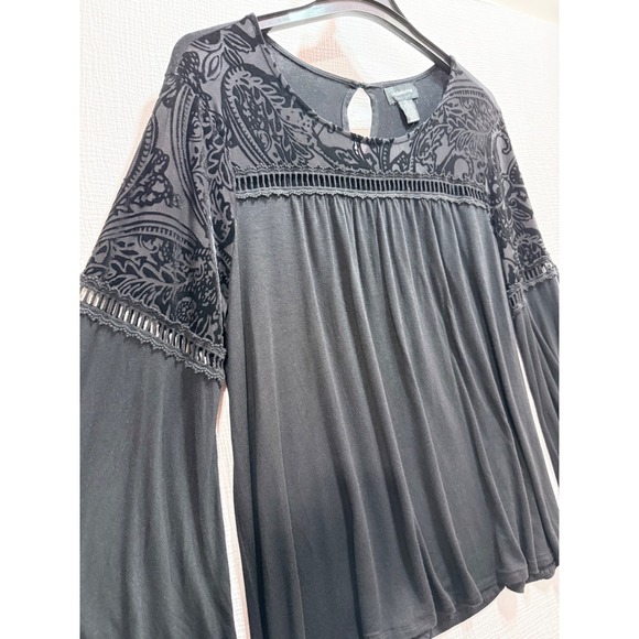 Liz Claiborne Bell Sleeve Top Womens XL Black Velvet Burnout Paisley Whimsigoth - Picture 3 of 12